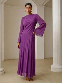 ZEYLAH Fitted Asymmetric Oversized Sleeve Long Dress, Spring - Purple - View 6