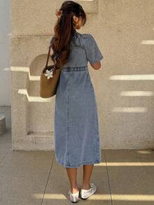 DAZY Women's Square Neck Waist Cinched X-Shaped Short Sleeve Mid-Length Button Down Denim Dress, Spring & Summer Sun Dresses For Women - Blue - View 2