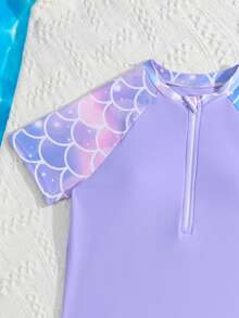 SHEIN GraphicGems Conjunto de traje de baño con estampado de escamas de pez para niña preadolescente - Morado - Ver 3