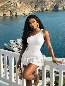 Slaydiva Women White Summer Casual Jumpsuit,One-Shoulder Knotted Textured Multi-Layer Ruffle Slim Fit Romper,Holiday,Vacation,Resort Fashion Beach Boho Outfits - White - View 8