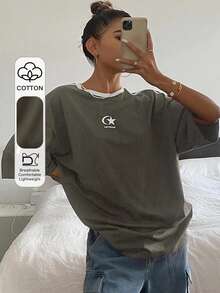 DAZY Casual Basic Contrast Color Round Neck Loose T-Shirt, Autumn Golf White - Olive Green - View 1