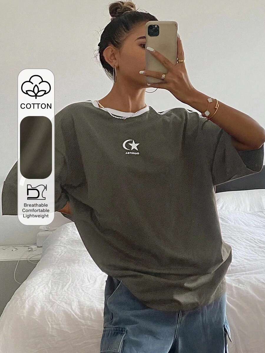 DAZY Casual Basic Contrast Color Round Neck Loose T-Shirt, Autumn Golf White - Olive Green - View 1