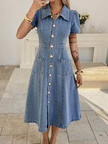 Dazy Tall Đầm denim dài tay ngắn cổ bẻ, thắt eo, kiểu dáng thanh lịch, thích hợp mặc đi biển cho nữ. - Rửa trung bình - Xem 6