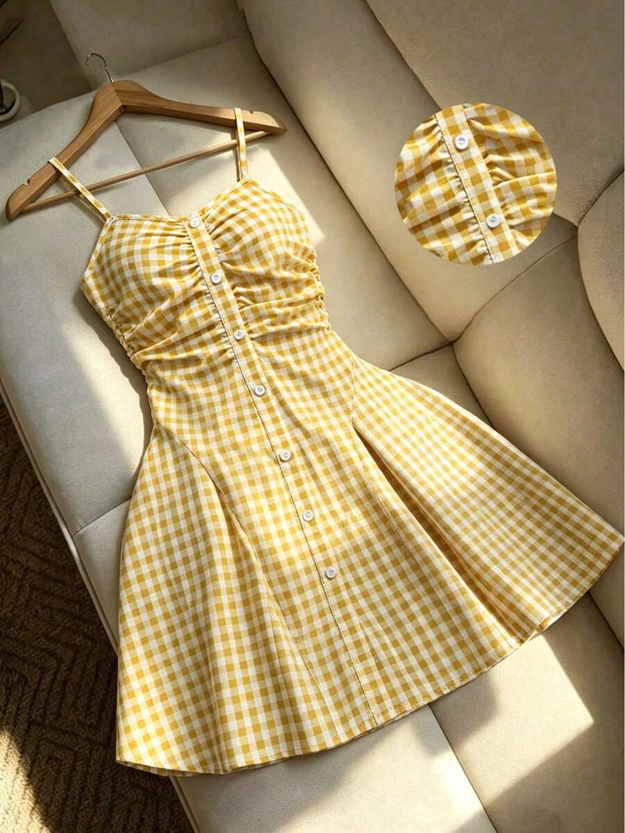 Pariaura Đầm midi không tay ôm dáng, thanh lịch, tối giản, đa năng dành cho nữ mùa hè, họa tiết kẻ caro. - Vàng nhạt - Xem 1