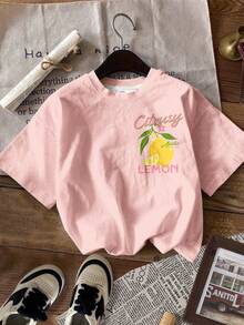 Tween Girl'Cute Summer Casual Graphic T-Shirt,Light Pink Retro Lemon Tree & Flower Print,Loose Dropped Shoulder Short Sleeve Tee For School Vacation - Multicolor - View 2