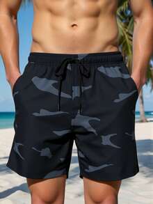 Manfinity Swimmode 男士休閒迷彩沙灘短褲，夏季戶外運動泳褲，夏威夷海灘穿搭，度假風 - 黑色 - 查看 6