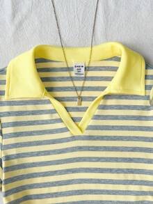 SHEIN Áo thun ngắn tay cổ tròn phối viền tương phản thời trang cho bé gái tuổi teen, kiểu dáng thường ngày, đa năng, thích hợp mặc mùa hè, mùa xuân, đi dã ngoại, phong cách Y2K màu xanh dương. - Màu vàng - Xem 5