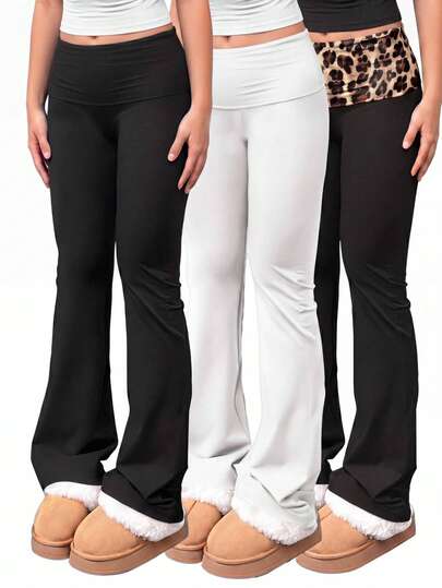 Girlism 3pcs Tween Girl/Tween Girls' Spring/Summer Fashion Casual Black, White & Leopard Print Waistband Splice Flare Pants Set, Elastic Waistband, Fitness Sports Tight Flare Pants, Retro American Versatile