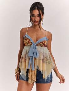SHEIN BAE Áo hai dây nữ thanh lịch, thoải mái, kiểu dáng đi nghỉ mát, xếp lớp, bèo nhún, phối màu tương phản, thắt nơ, ren, họa tiết da báo, áo đi biển, áo phong cách bohemian, áo retro, áo vintage, áo bèo nhún, áo mùa hè, áo dễ thương. - Nhiều màu - Xem 4