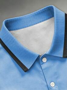 Manfinity Homme 男士巴黎字母印花 Polo 衫，時尚短袖休閒上衣，適合夏季日常穿著與正式場合 - 藍色 - 查看 5