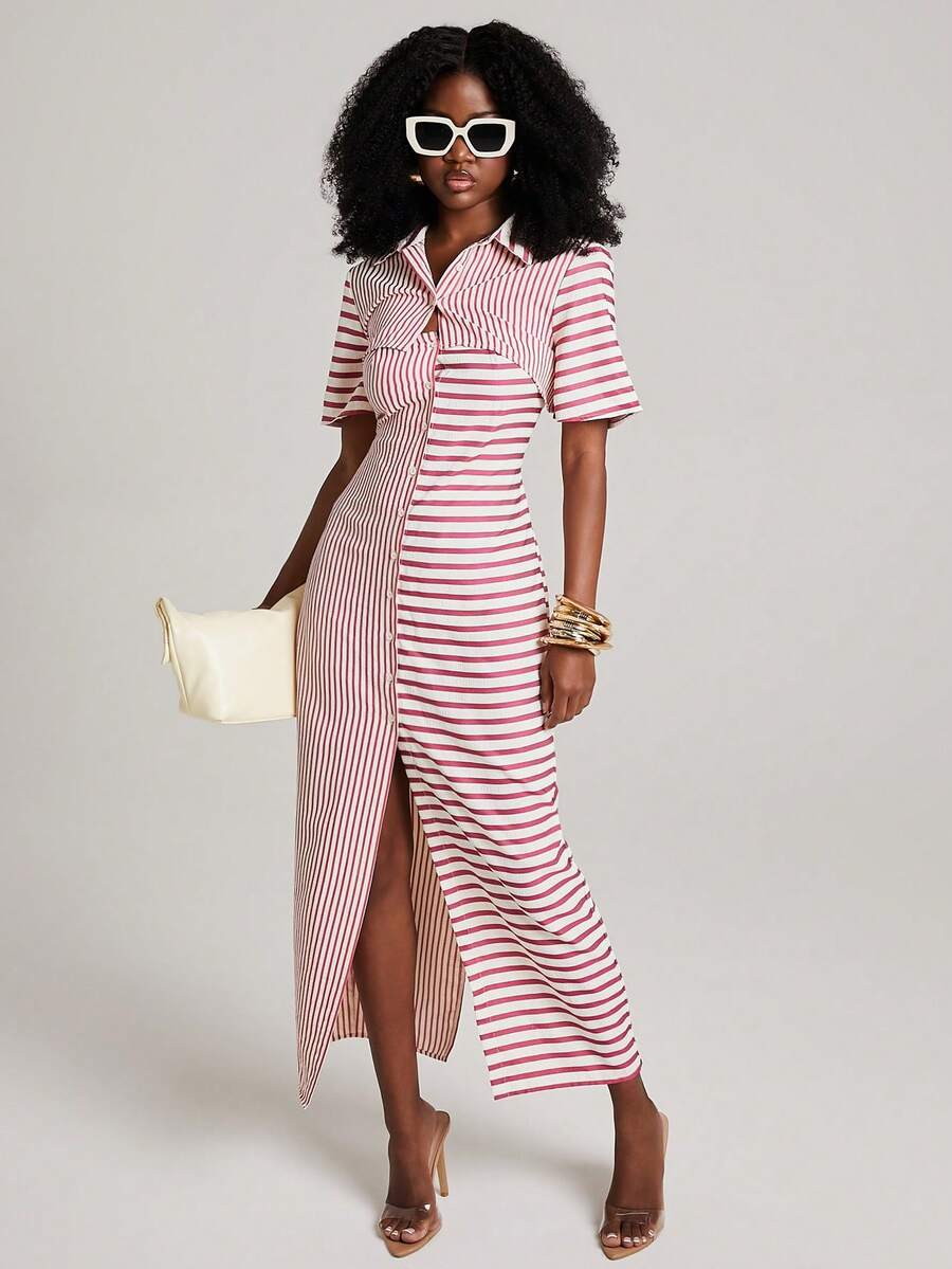 NYA SZN Gaun Maxi Panjang Lengan Pendek Motif Garis-garis Unik Berkerah Kancing Depan Merah Cocok untuk Pakaian Kerja Kantor Kembali ke Sekolah Gereja untuk Wanita - MultiWarna - View 1
