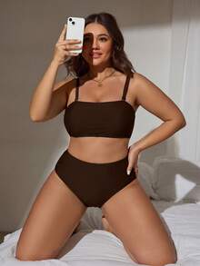 Swim Lushoire 2026 Model Baru Musim Panas Dasar Minimalis Dasar Ukuran Plus Wanita Tankini Set Pakaian Renang Liburan Pesta Pantai Cokelat - Coklat - View 3