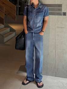 DAZY Men's Washed Blue Denim Short Sleeve Top And Relaxed Fit Pants Set With Belt Design Summer - Blue - View 7