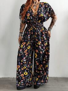 Whyspr Plus Size Women's Black Digital Floral Print Drawstring Shoulder Jumpsuits - Black - View 3