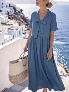 Faunlyn Women's Solid Color Bow Decor Short Sleeve Elegant Dress - Blue - View 2
