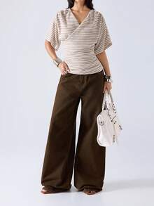 LYSMO 2026 New Arrive Minimalism Spring/Summer Women's V-Neck Striped Casual Versatile Daily Wear T-Shirt,Summer Top - Apricot - View 6
