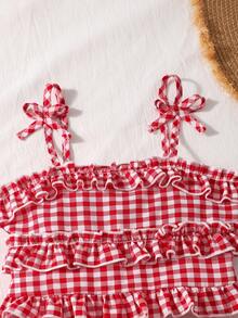 SHEIN Genkimix Kids 女童格子荷叶边吊带背心和蛋糕裙两件套 - 紅色 - 查看 7