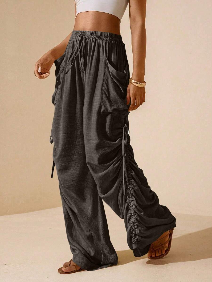 Vesra Women's Solid Color Side Ruched Drawstring Pocket Pants - Brown - View 1