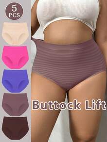 NudeFit 5PCS Women Plus Size Comfy Stretch High Waisted Striped Seamless Full-Coverage Panties - Multicolor - View 3