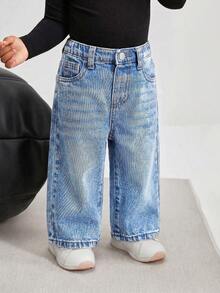 SHEIN Bubblio Quần ống rộng dáng suông màu xanh denim kiểu retro cho bé gái - Rửa nhẹ - Xem 3