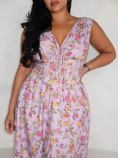 Veslaya 2026 Spring/Summer Plus Size Women's Music Festival, Birthday, Anniversary, Graduation, School Style, Daily Wear, Cruise Travel, Beach, Sunbathing Elegant Romantic Deep V-Neck Cutout Waist Design, Natural Ruffle Skirt, Floral Print Maxi Dress