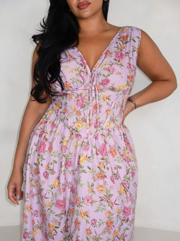Veslaya 2026 Spring/Summer Plus Size Women's Music Festival, Birthday, Anniversary, Graduation, School Style, Daily Wear, Cruise Travel, Beach, Sunbathing Elegant Romantic Deep V-Neck Cutout Waist Design, Natural Ruffle Skirt, Floral Print Maxi Dress
