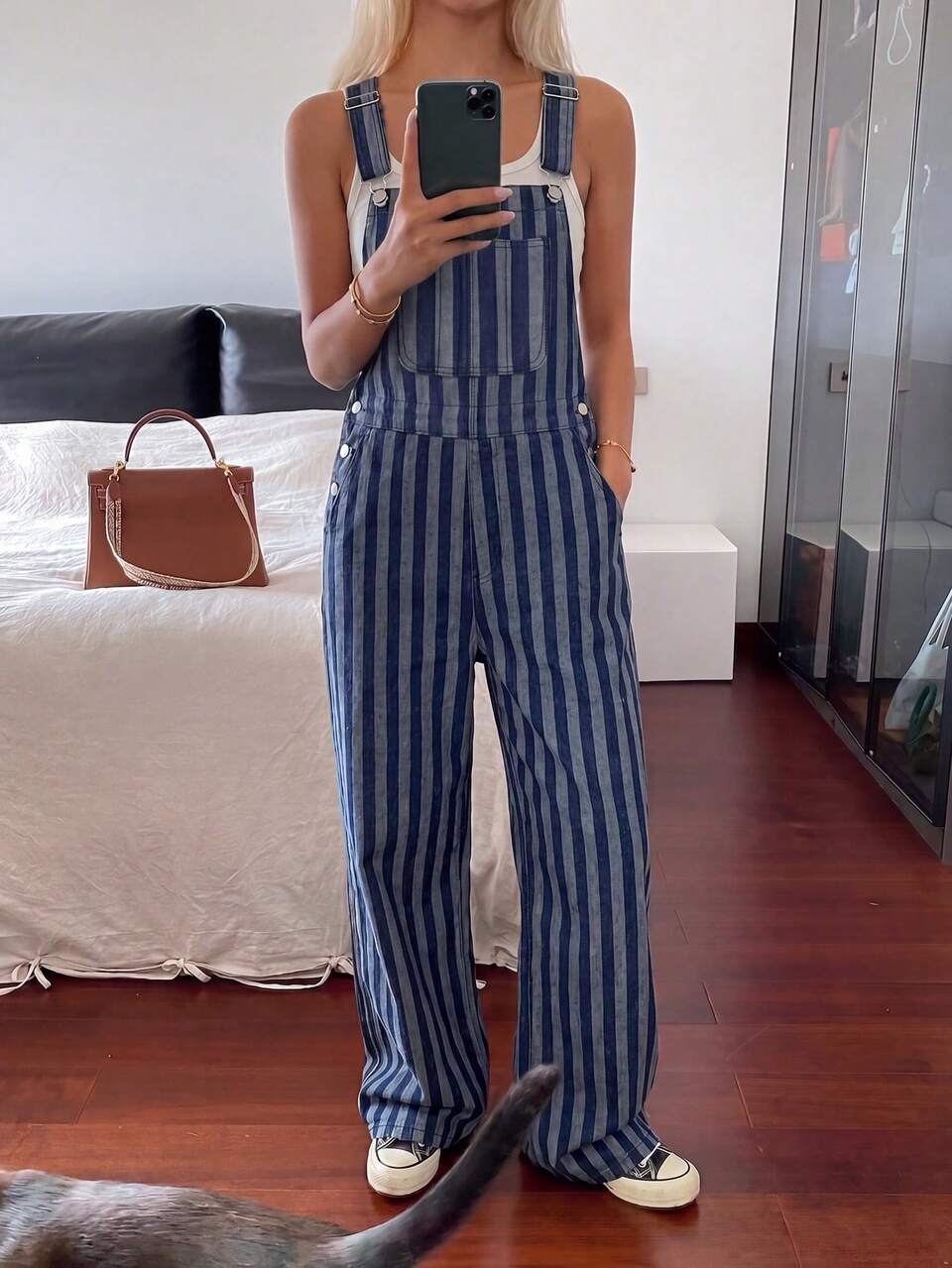 Women's Casual Straight Striped Denim Bib Pants