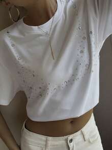 Livesso Camiseta de manga corta con cuello redondo, con diamante de imitación, de uso casual y versátil para uso diario - Blanco - Ver 2