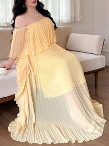 Vibekara Đầm maxi dáng chữ A thanh lịch kiểu Pháp, tay bồng xếp ly, trễ vai, thích hợp cho kỳ nghỉ, đi biển, tiệc cocktail, đám cưới, phù dâu, chất liệu chiffon màu vàng mỏng, cỡ lớn. - Màu vàng - Xem 6