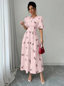 Modelyn A字型收腰印花短袖连衣裙，春夏款 - 粉色 - 查看 6