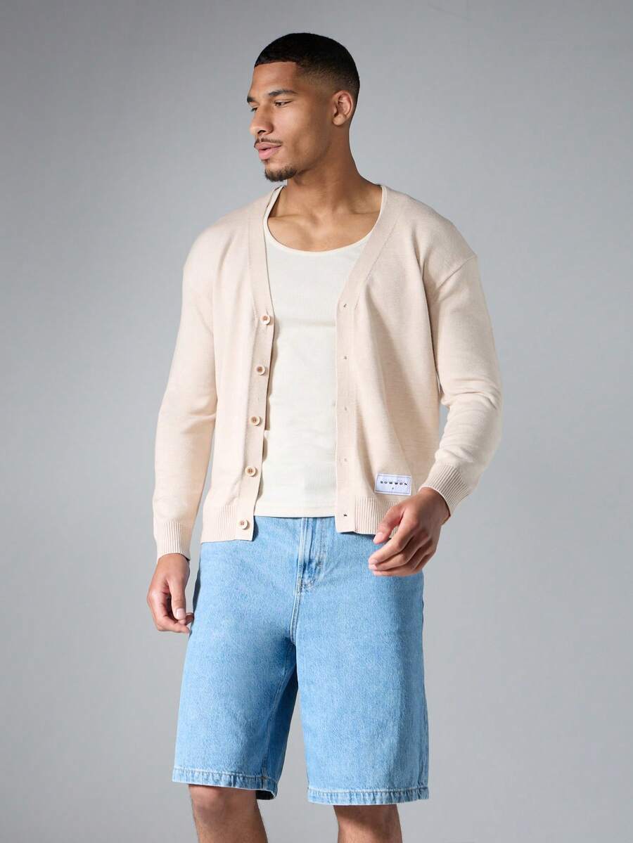 SUMWON Áo khoác cardigan dệt phẳng cổ chữ V tay dài dáng suông, thích hợp mặc nhiều lớp vào mùa xuân. - Màu Khaki - Xem 1