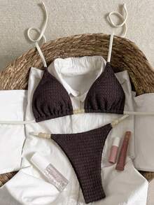 Elavelle Bộ bikini hai mảnh buộc cổ bằng vải jacquard đính hạt dành cho nữ, thích hợp cho mùa xuân/hè. - màu nâu - Xem 4