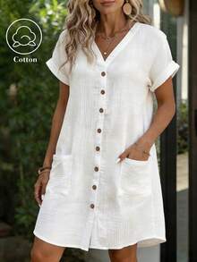 Zayélia Women's Casual Solid Color Front Button Pocket Dress, Summer Beach Vacation Plain All White - White - View 3