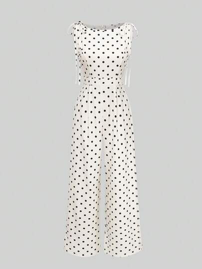 Qadelle Women's Elegant Floral & Polka Dot Jumpsuit With Bow Shoulder Straps, Drawstring Waist, Slim Fit, Casual Daily & Office Wear, All-Match Style, Spring And Summer Polka Dot Design, Suitable For Holidays, Casual And Commuting