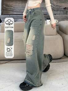 Dazy Tall Women's Loose Straight Ripped Casual Denim Jeans - Light Wash - View 1