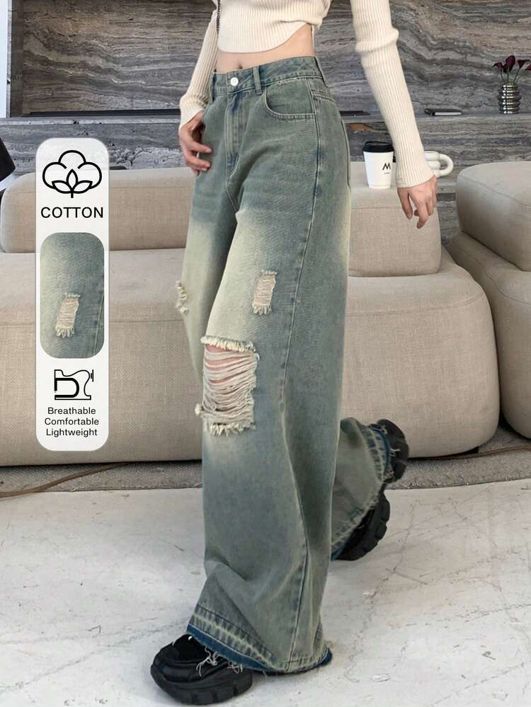 Women's Loose Straight Ripped Casual Denim Jeans