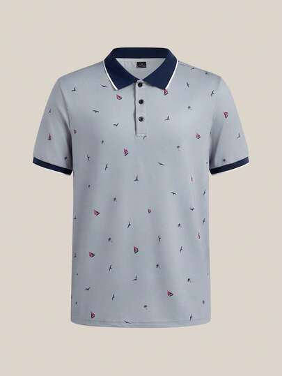 VeloEdit 男士休闲海鸥印花短袖 Polo 衫，全灰色，夏季学院风图案男士高尔夫 Polo 衫，趣味印花夏季服装，浅蓝色衬衫图案，复古风格，男友/丈夫礼物，带纽扣，父亲节礼物