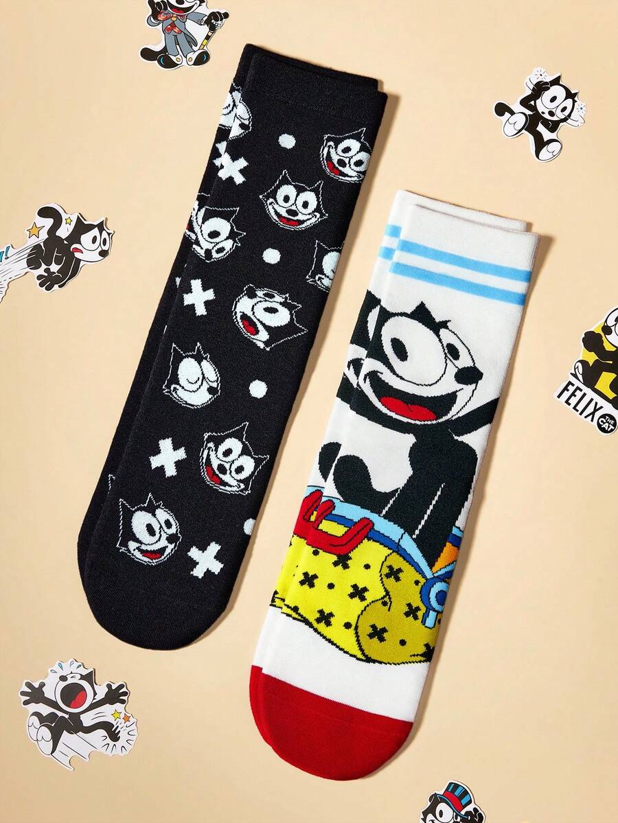 SHEIN Felix The Cat 2 Pairs Soft & Breathable Moisture-Wicking Casual Mid-Calf Socks With Cat Pattern Fashionable Cute Cartoon Cat Black & White Crew Socks Reinforced Toe & Heel For Durability Unisex For Men & Women All Season All-Match Summer Winter,Graphics Socks - 彩色 - 查看 1
