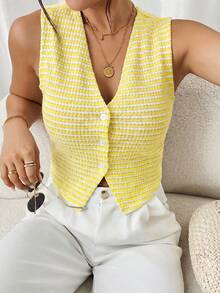SHEIN Frenchy Women's Vacation Casual Striped Front Button Tank Top,Summer Top - Yellow - View 6
