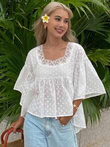 Livesso Áo kiểu babydoll dáng rộng, màu trơn, tay loe, thích hợp cho kỳ nghỉ hè của phụ nữ. - trắng - Xem 3
