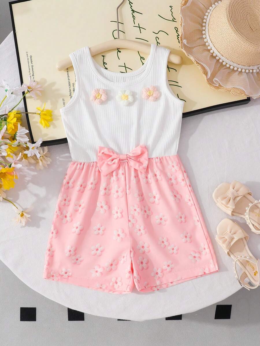 SHEIN Elladie kids 少女花卉細肩帶腰部連身褲，藍白配色，甜美舒適，大花卉腰帶，女孩夏季休閒穿搭 - 粉色 - 查看 1