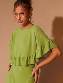COSMINA Women's Elegant Ruffle Hem Long Sleeve Round Neck Dress, Suitable For Dates, Parties, All Seasons,Dresses For Women Summer - Green - View 5