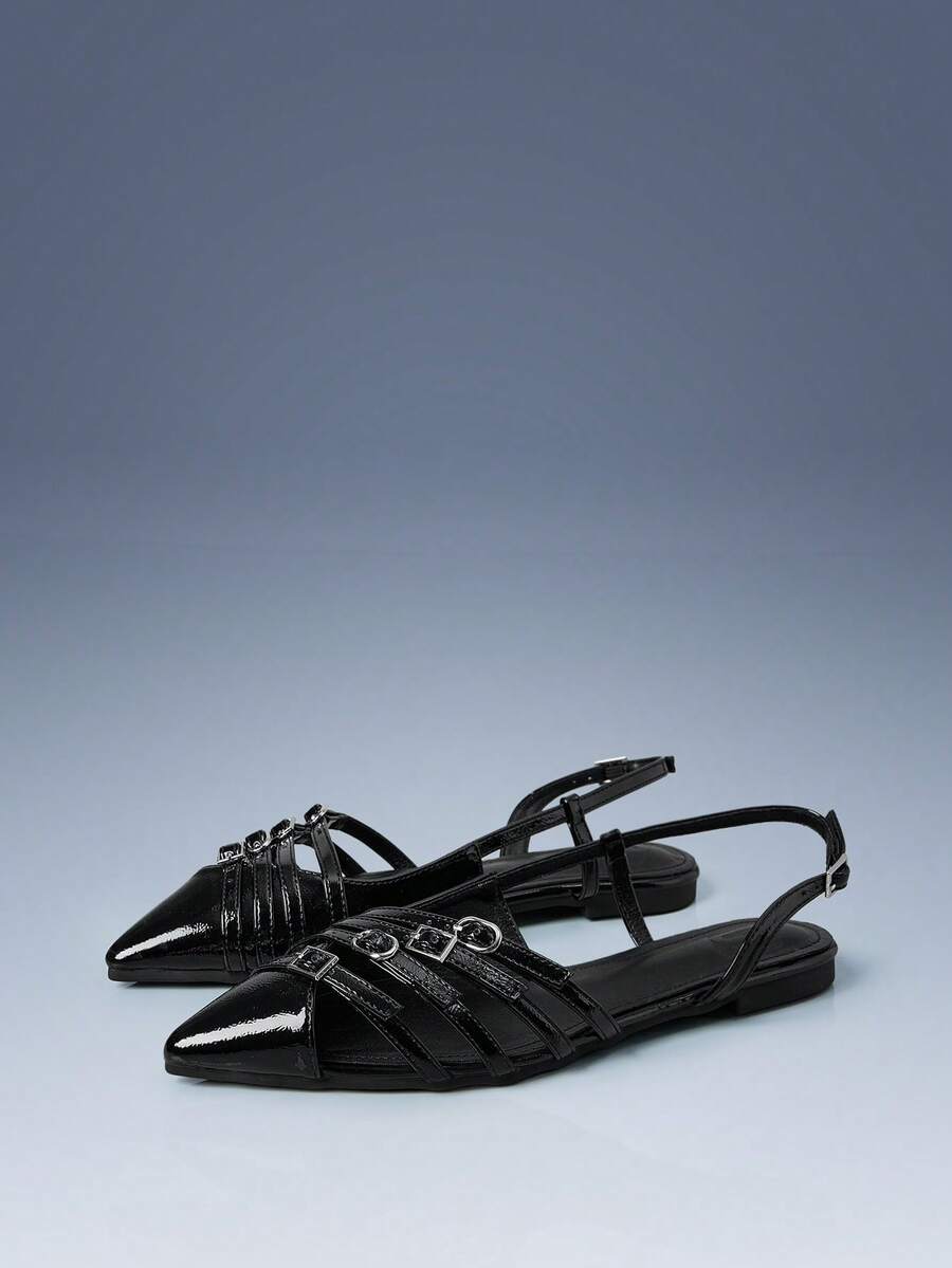 CUCCOO GRLICON Sapatos Femininos Outdoor, Bico Fino, Sola Plana, Tecido Leve PU, Design de Tira Estiloso, Simples, Confortável e Respirável, Festa Diária, Banquete, Praia, Estilo de Fivela, Adequado para Uso no Verão, Férias, Essencial para Viagens, Estilo Anos 2000 - Preto - Visão 1