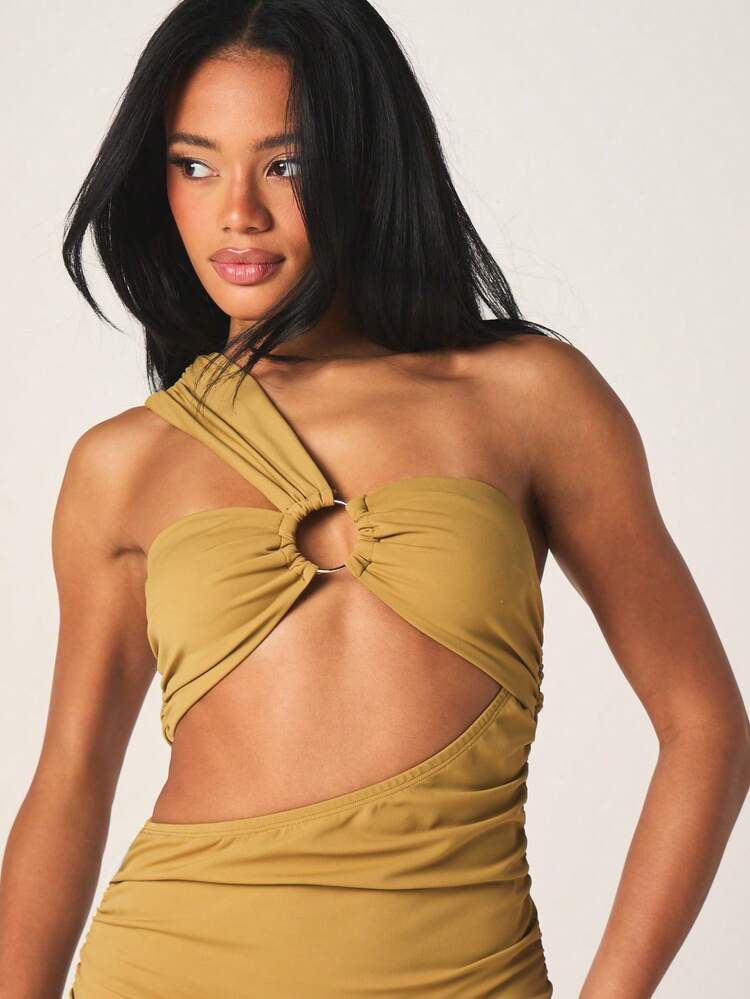 MISSGUIDED One Shoulder Ruched Midi Dress With Cut Out Details And Body Hugging Fit For Women Party Evening Wear