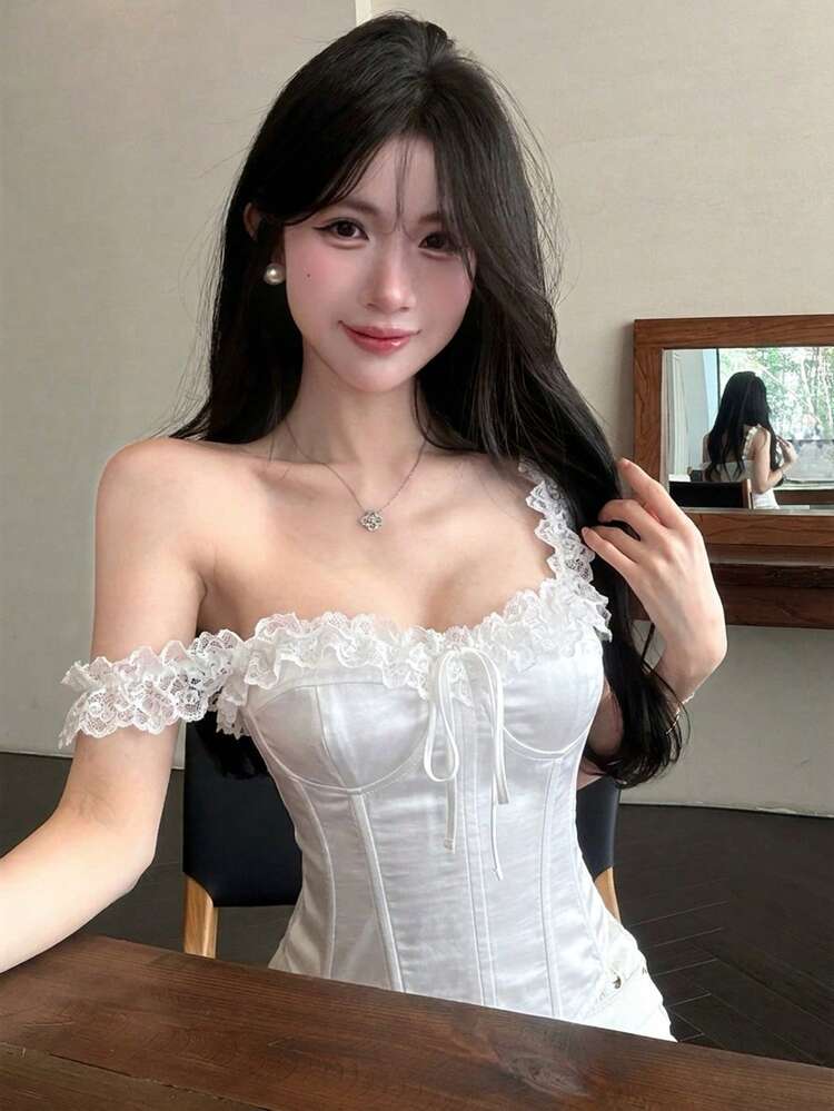 Spring & Summer Solid Satin Lace Patchwork Camisole, Hollow Out Lace Trim, Bowknot Tie Strap, Casual Beach Vacation Music Festival Wedding Wear For Women