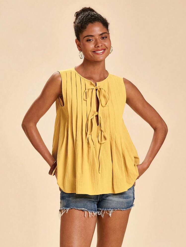 Travachic Blusa sin mangas holgada de tejido informal, adecuada para primavera/verano - Amarillo - Añade 4