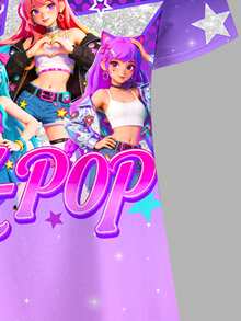 少女休闲卡通女孩连衣裙，彩色渐变，K-Pop巨星，卡通女团，短袖连衣裙，适合夏季、返校、旅行，可与姐妹装搭配 - 彩色 - 查看 5