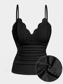 Sweetra CURVE Plus Size Elegant Solid Color Lace Patchwork Fitted Cami Top - Black - View 1