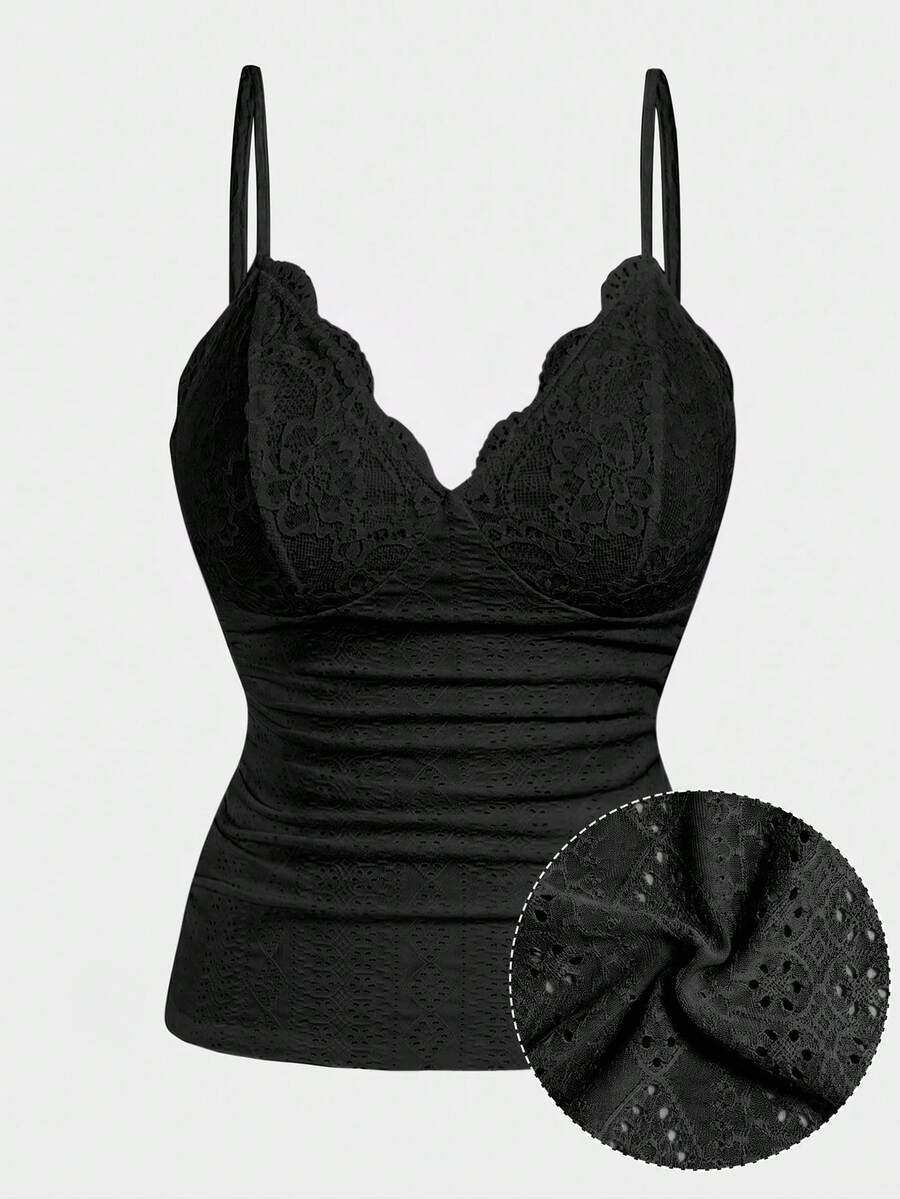 Sweetra CURVE Plus Size Elegant Solid Color Lace Patchwork Fitted Cami Top - Black - View 1