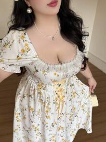 Vibekara Plus Size Vacation Style Square Neck Waist Cinched A-Line Dress - Multicolor - View 3